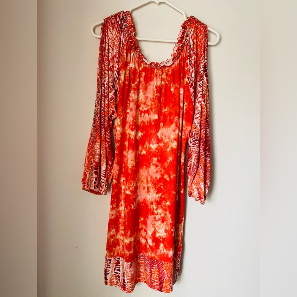Faith - Red and Orange Tie Dye Dress with Beaded Detail - Large